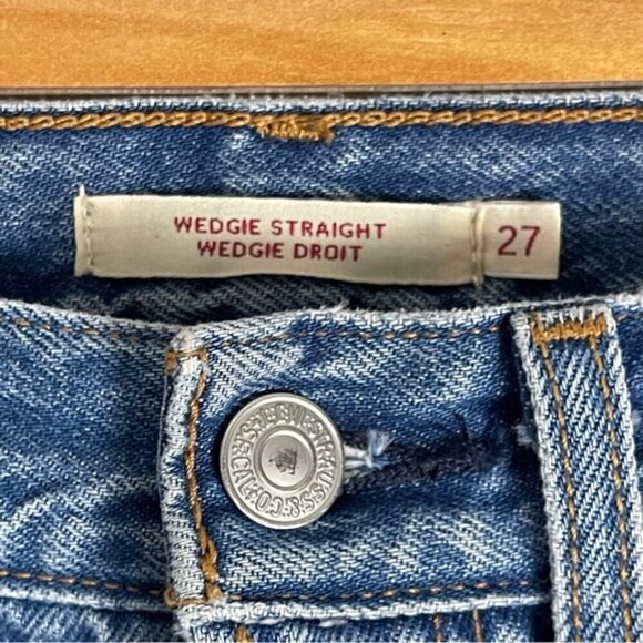 Levi’s Wedgie Straight Jean medium wash cropped ankle raw hem ridged denim sz 27 - Picture 7 of 13